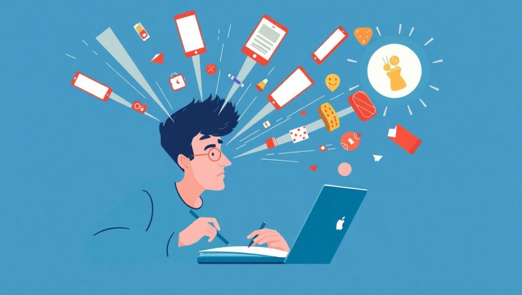 Illustration of a person at a laptop surrounded by overwhelming digital and sensory stimuli like smartphones, snacks, and emojis — symbolizing dopamine overload and modern attention fatigue.