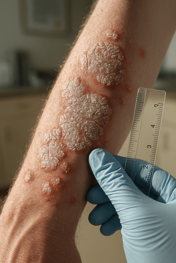 Close-up of psoriasis plaques on a person’s forearm being measured by a clinician with a transparent ruler, showing red, scaly, inflamed skin.